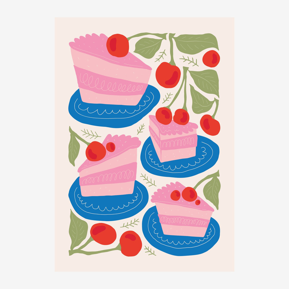Illustration de trois gâteaux en couches roses sur assiettes bleues, décorés de cerises rouges et de feuilles vertes, sur.