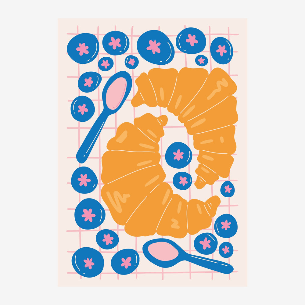 Illustration avec croissants orange dorés entourés de boules bleues contenant des fleurs roses, des cuillères bleues, sur.