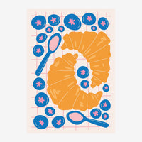 Illustration avec croissants orange dorés entourés de boules bleues contenant des fleurs roses, des cuillères bleues, sur.
