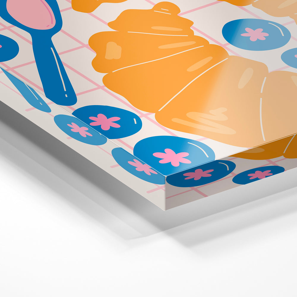 Gros plan de la matière : le tirage sous verre acrylique, tranche transparente visible.