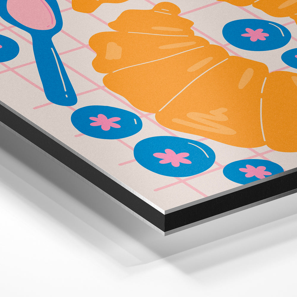 Gros plan de la matière : le tirage contrecollé sur aluminium Dibond mat, tranche visible.