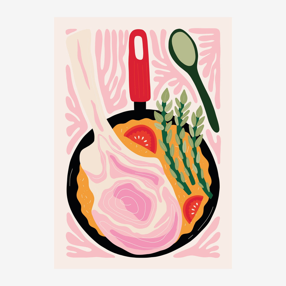 Illustration d'une poêle noire remplie de légumes colorés, entourée d'une spatule rouge et d'une cuillère verte, sur fond.