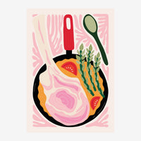 Illustration d'une poêle noire remplie de légumes colorés, entourée d'une spatule rouge et d'une cuillère verte, sur fond.