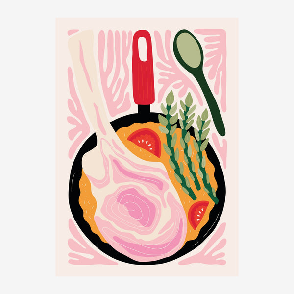 Illustration d'une poêle noire remplie de légumes colorés, entourée d'une spatule rouge et d'une cuillère verte, sur fond.