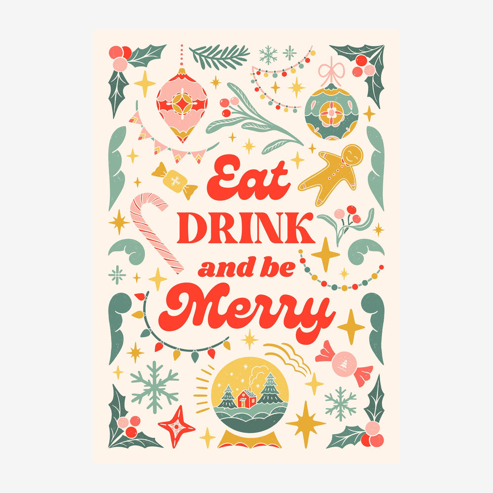 Affiche illustrée de style rétro avec le texte « Eat, Drink and be Merry » en rouge entouré de motifs festifs : guirlandes.