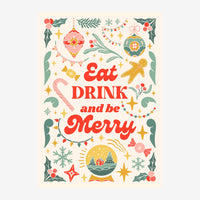 Affiche illustrée de style rétro avec le texte « Eat, Drink and be Merry » en rouge entouré de motifs festifs : guirlandes.