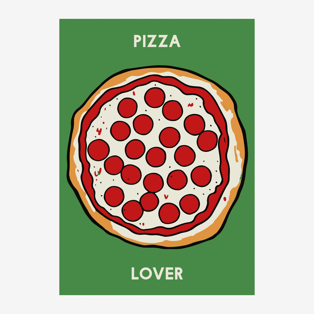 Illustration d'une pizza garnie de tomates rouges, aux contours noirs, sur fond vert avec les mots « PIZZA » en haut et «.