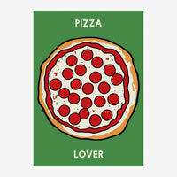 Illustration d'une pizza garnie de tomates rouges, aux contours noirs, sur fond vert avec les mots « PIZZA » en haut et «.