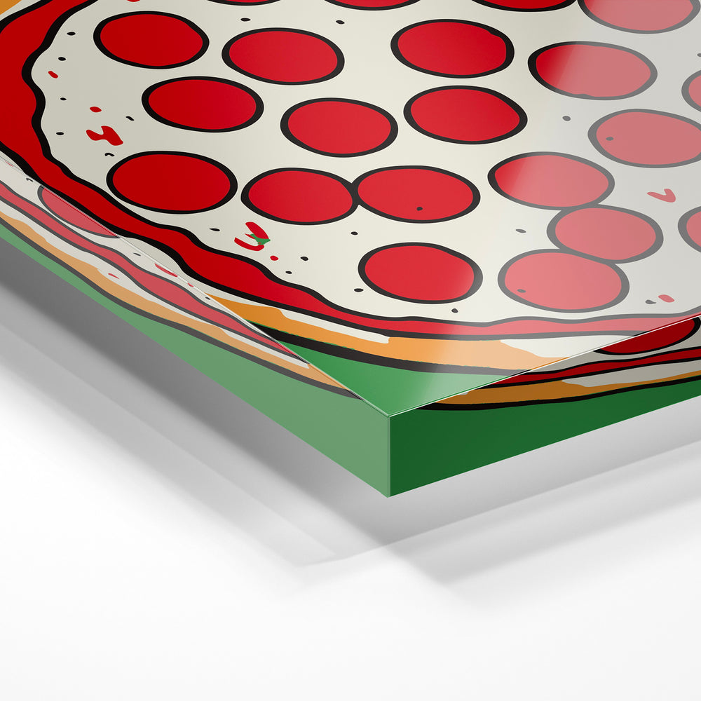Gros plan de la matière : le tirage sous verre acrylique, tranche transparente visible.