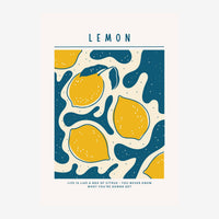 Composition graphique montrant trois citrons jaunes d'or avec feuilles bleues sur un fond bleu-pétrole séparé par des formes.