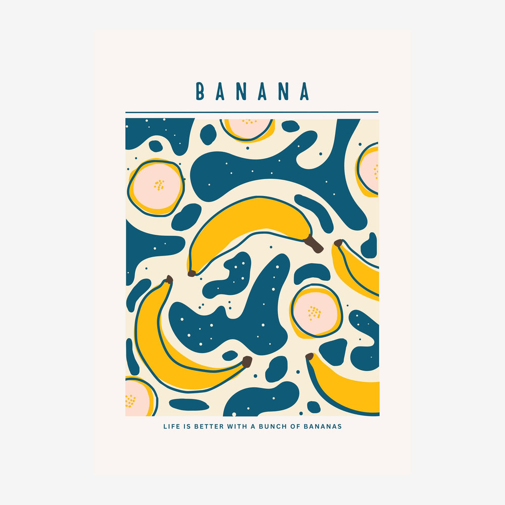 Affiche illustrant des bananes jaunes et des formes géométriques bleu foncé arrangées en motif répétitif sur un fond crème.