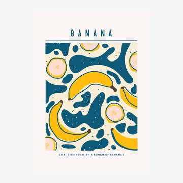 Affiche bananes, motifs abstraits bleu et jaune