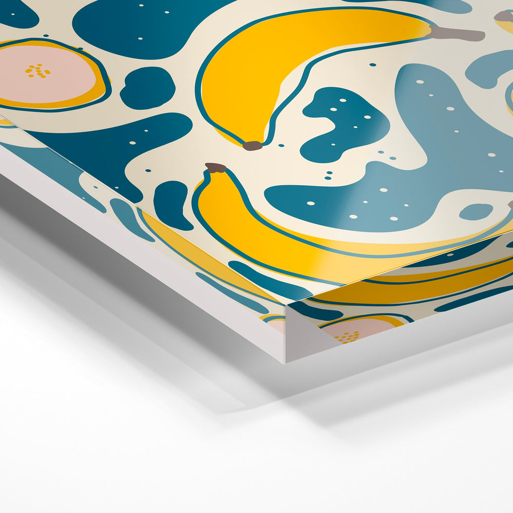 Gros plan de la matière : le tirage sous verre acrylique, tranche transparente visible.