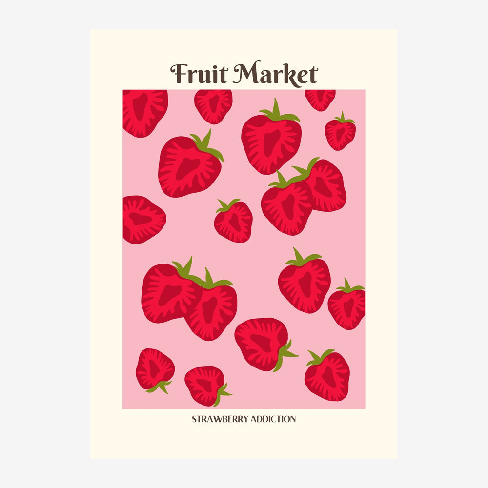 Affiche représentant des framboises rouges en forme de cœur disposées sur un fond rose pastel, avec un titre « Fruit Market.