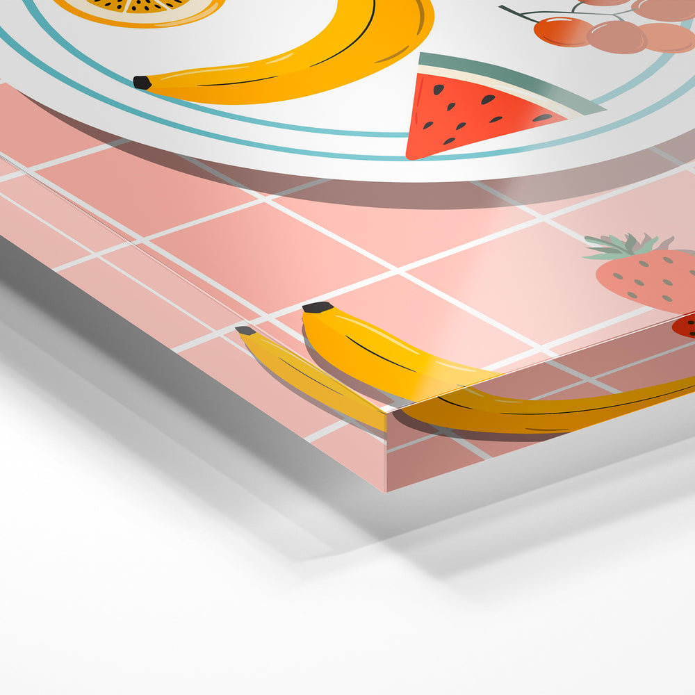 Gros plan de la matière : le tirage sous verre acrylique, tranche transparente visible.