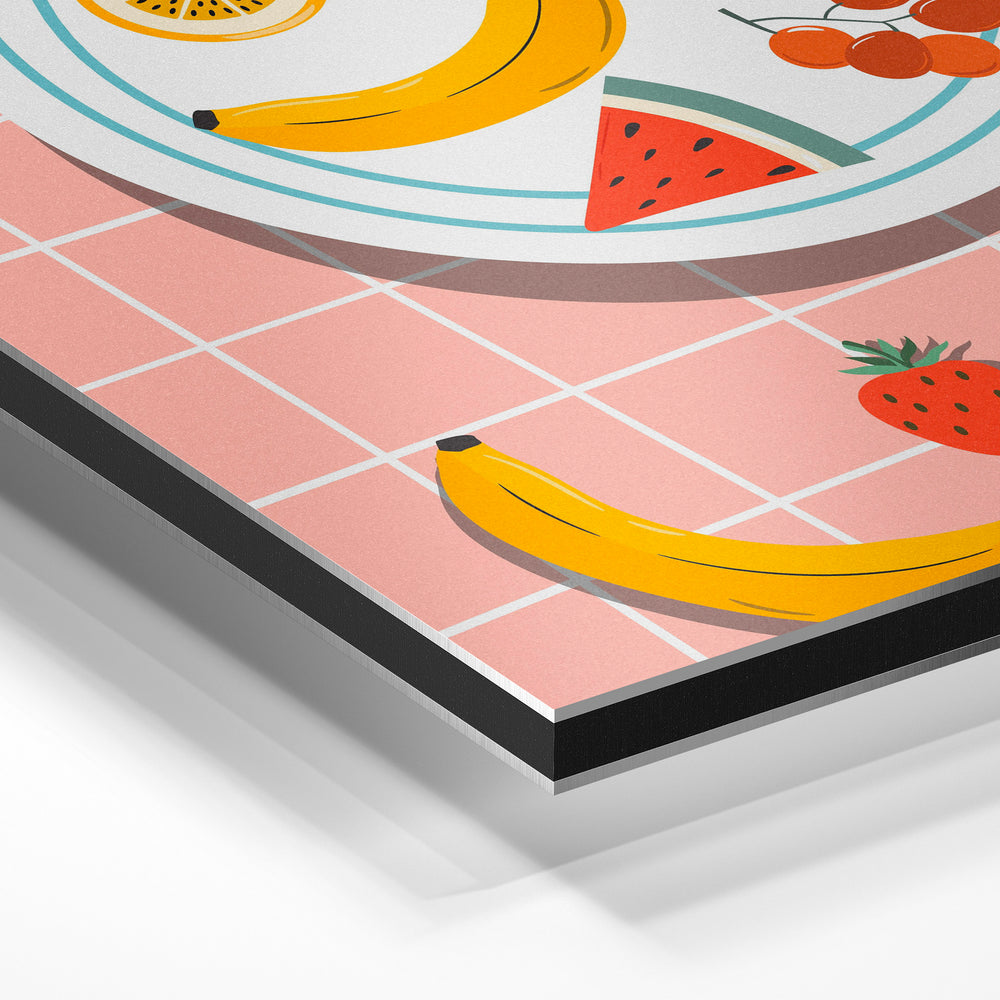 Gros plan de la matière : le tirage contrecollé sur aluminium Dibond mat, tranche visible.