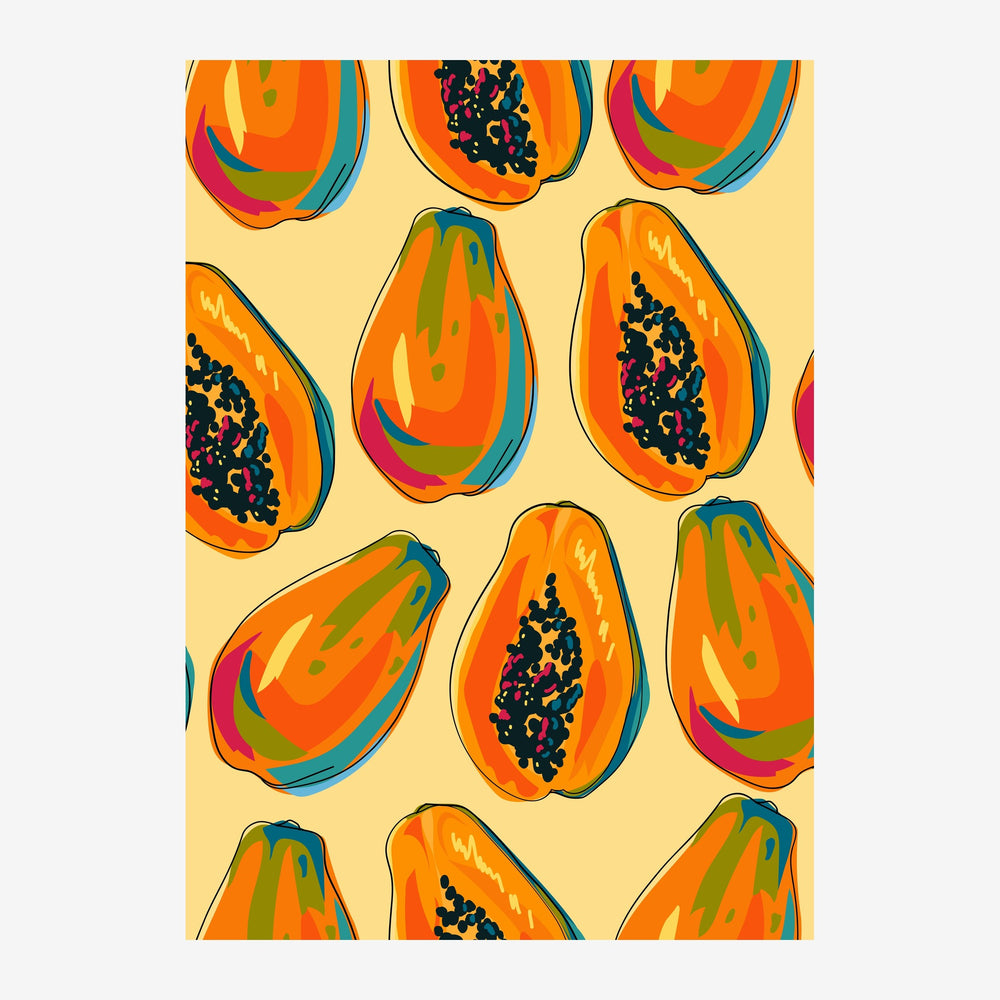 Motif répété de papayes tranchées en demi-cercle, aux oranges vibrants, sur fond jaune pâle, avec contours bleus et graines.
