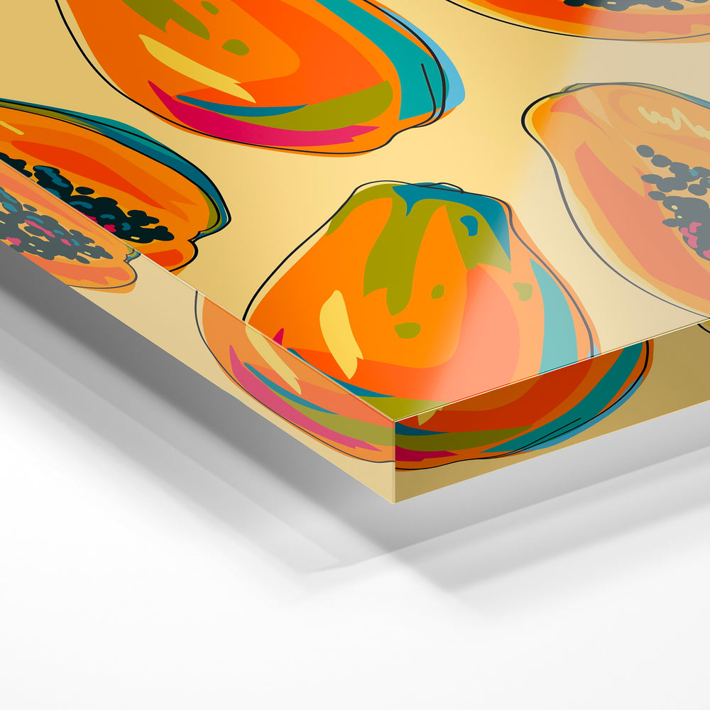 Gros plan de la matière : le tirage sous verre acrylique, tranche transparente visible.