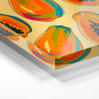Gros plan de la matière : le tirage sous verre acrylique, tranche transparente visible.