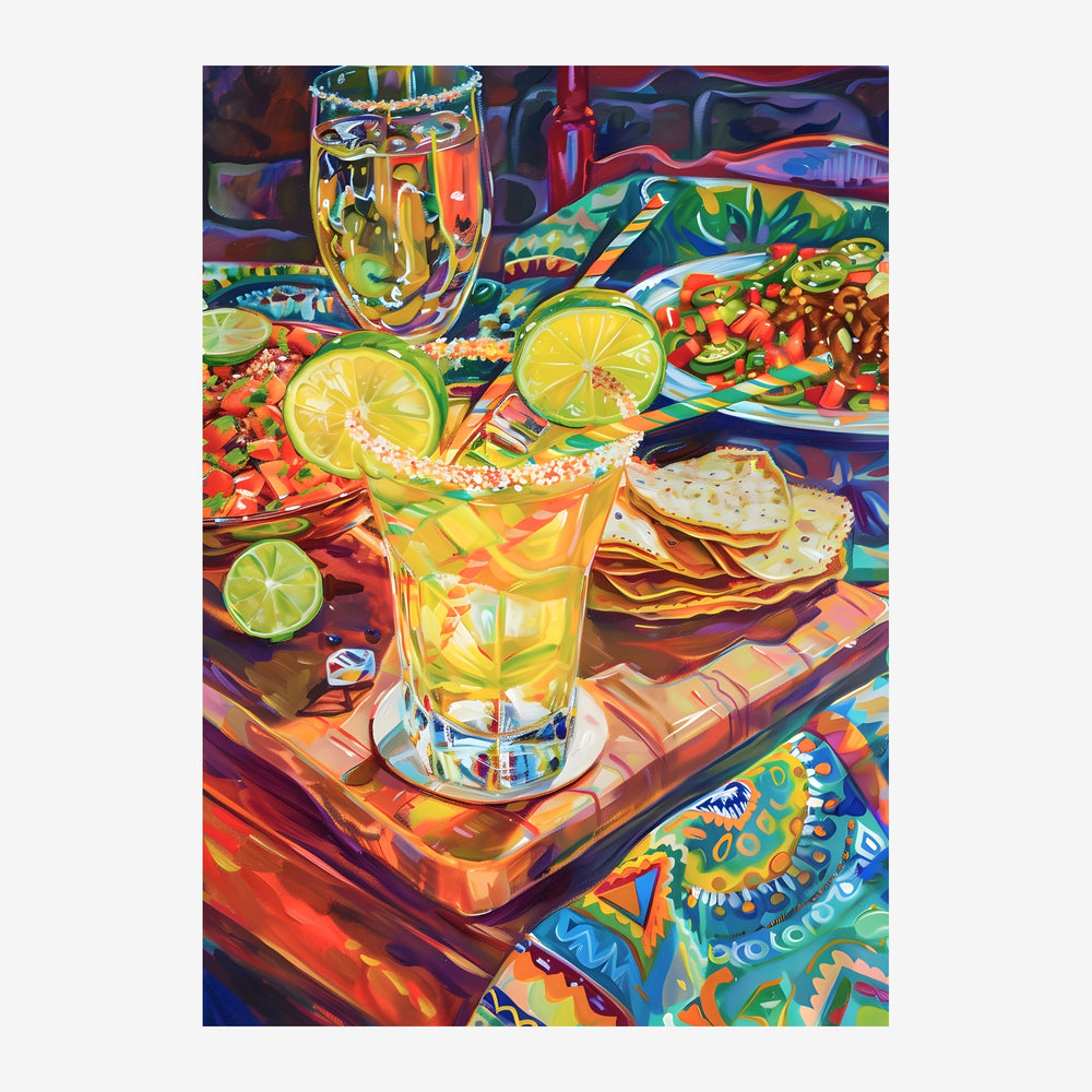 Nature morte d'une boisson à base de citron dans un verre garni de sel, entourée de fruits frais, tortillas et assiettes.