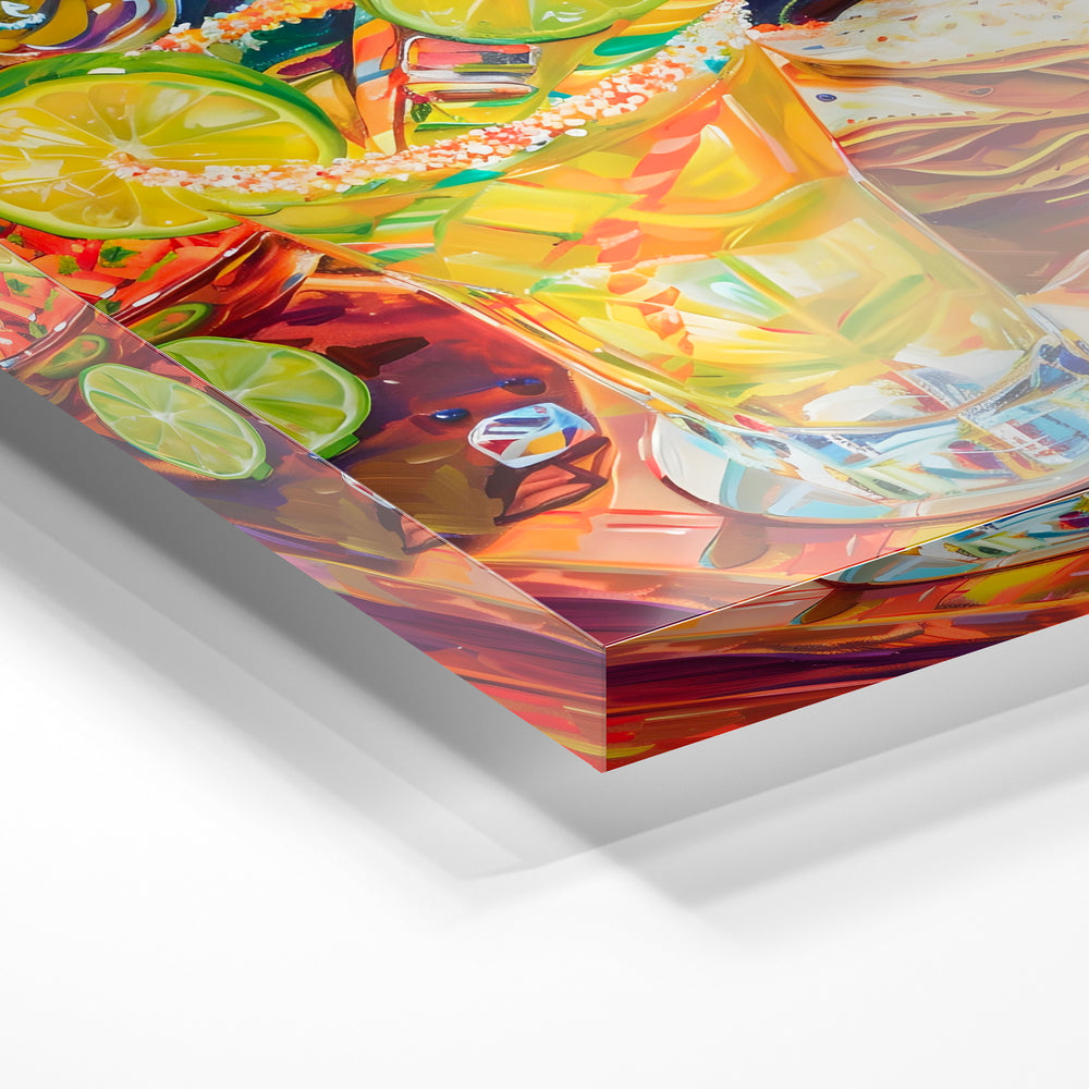 Gros plan de la matière : le tirage sous verre acrylique, tranche transparente visible.