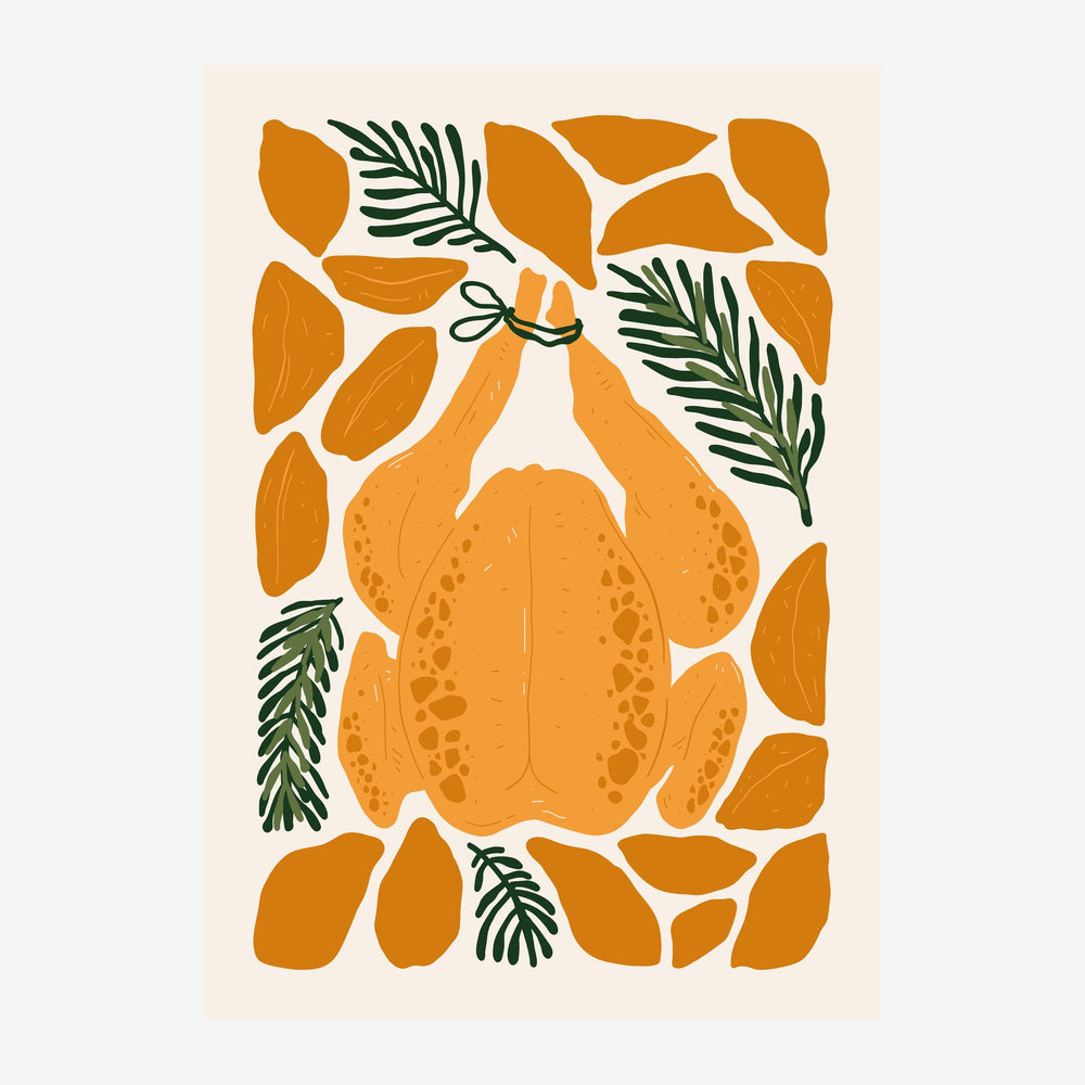 Illustration d'une composition de fruits agrumes en orange et jaune entourés de feuilles vertes stylisées sur fond crème.