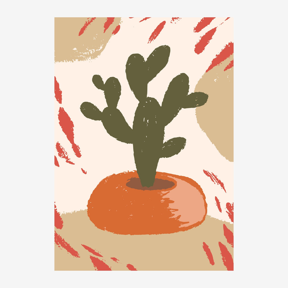Un cactus vert aux multiples bras dans un pot orange rond, entouré de traits de feuilles rouges et de touches beiges sur.
