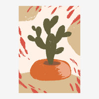 Un cactus vert aux multiples bras dans un pot orange rond, entouré de traits de feuilles rouges et de touches beiges sur.