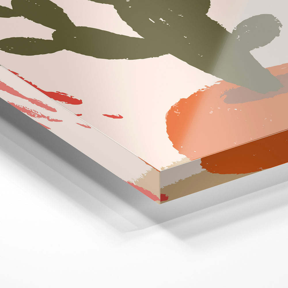 Gros plan de la matière : le tirage sous verre acrylique, tranche transparente visible.