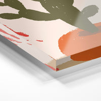 Gros plan de la matière : le tirage sous verre acrylique, tranche transparente visible.