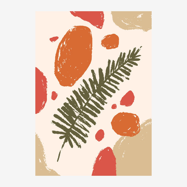 Composition abstraite avec une fougère verte au centre entourée de formes ovales en terracotta, rouge et beige sur un fond.