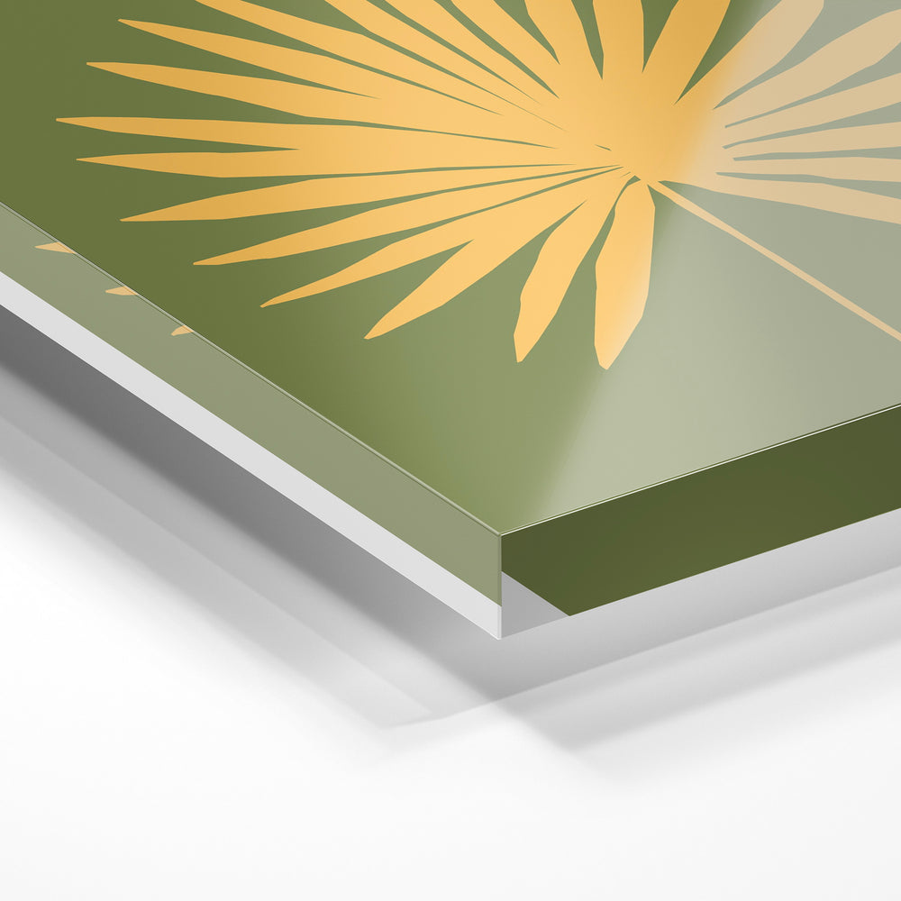 Gros plan de la matière : le tirage sous verre acrylique, tranche transparente visible.