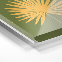 Gros plan de la matière : le tirage sous verre acrylique, tranche transparente visible.