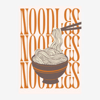 Affiche rétro présentant un bol de nouilles avec des baguettes, entouré du mot « noodles » répété en lettres orange et.
