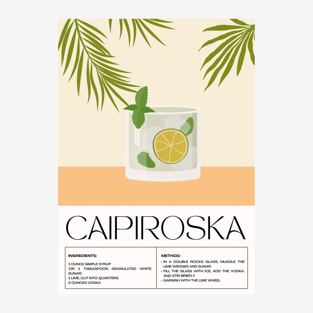 Illustration d'un verre de caïpiroska avec tranche de citron et menthe, entouré de branches de palmier, accompagnée d'une.