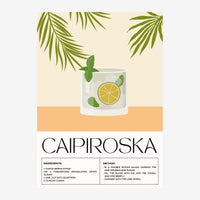 Illustration d'un verre de caïpiroska avec tranche de citron et menthe, entouré de branches de palmier, accompagnée d'une.