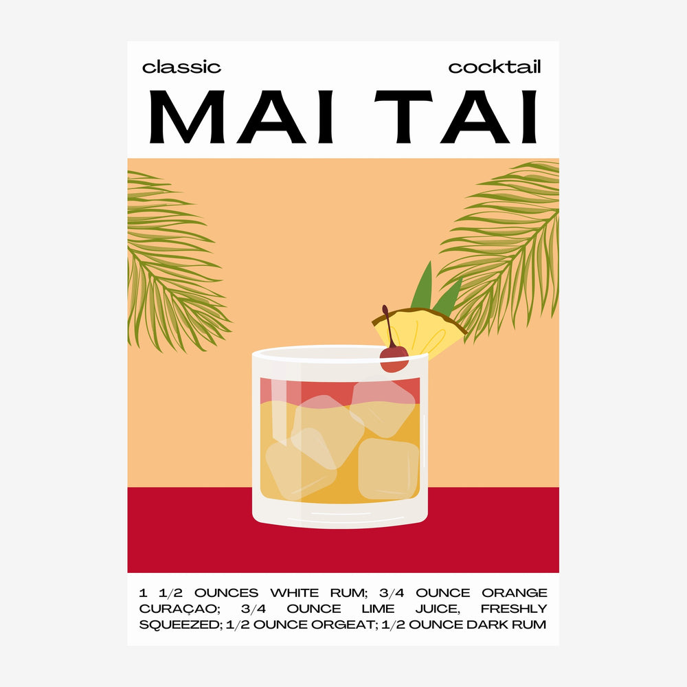 Affiche vintage d'un cocktail Mai Tai avec un verre rempli de glaçons, orné d'une tranche de citron et d'une cerise, entouré.