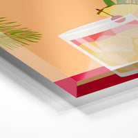 Gros plan de la matière : le tirage sous verre acrylique, tranche transparente visible.