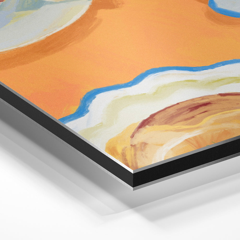 Gros plan de la matière : le tirage contrecollé sur aluminium Dibond mat, tranche visible.