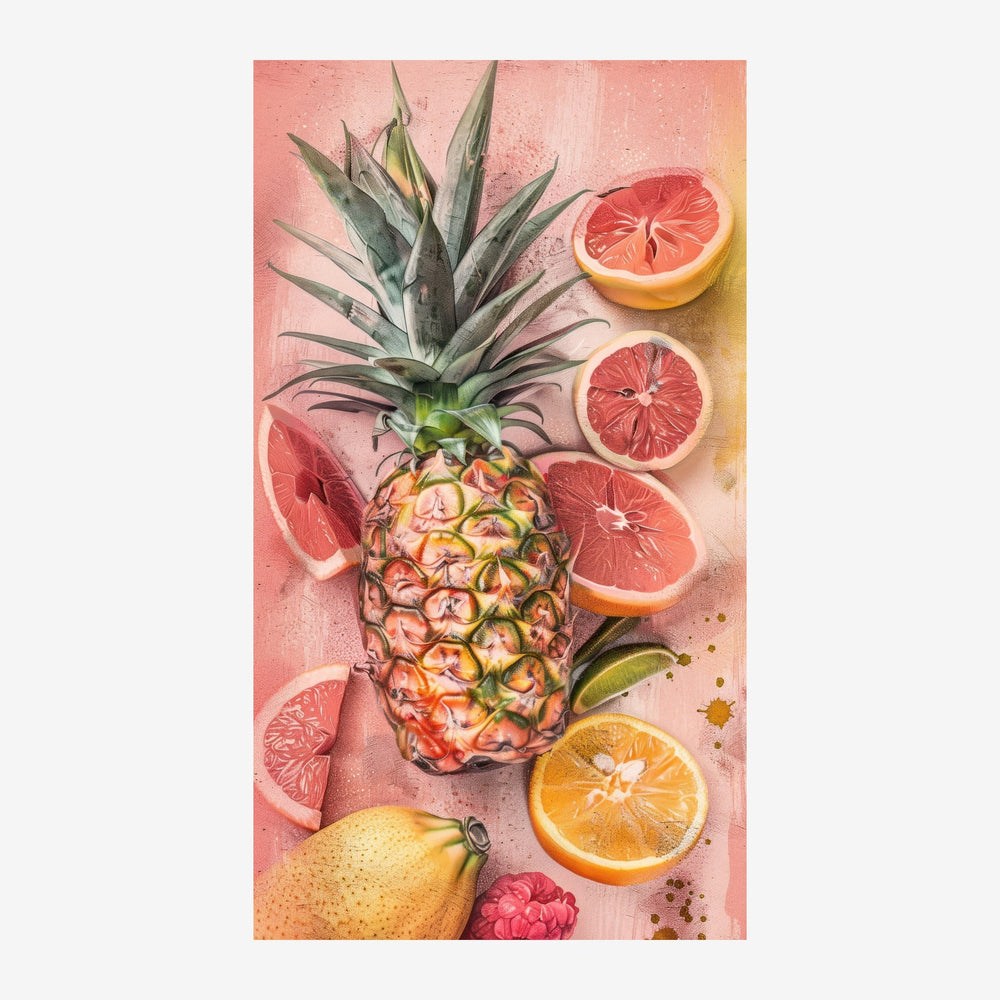 Un ananas aux feuilles vert-gris au centre, entouré de tranches de pamplemousse rose, citron jaune et orange sur fond rose.