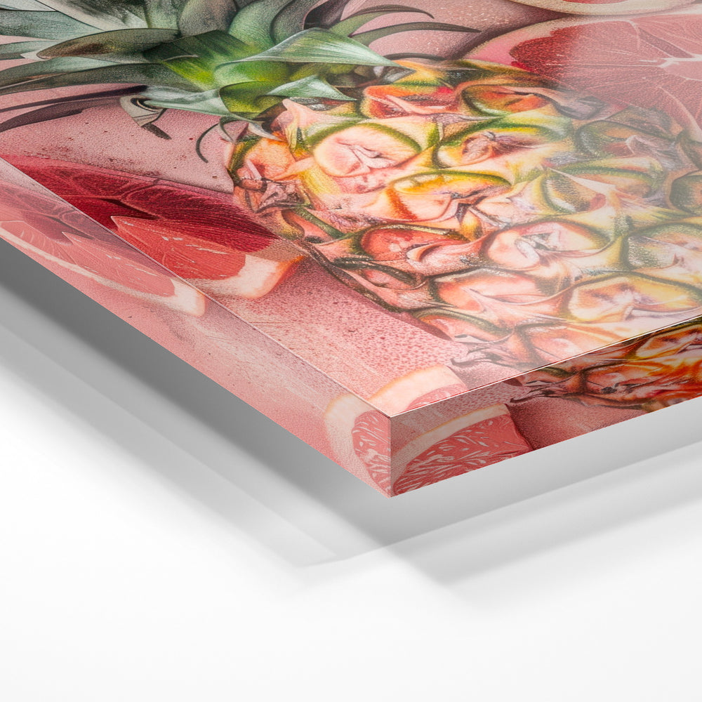 Gros plan de la matière : le tirage sous verre acrylique, tranche transparente visible.