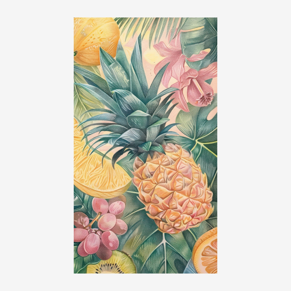 Illustration botanique représentant un ananas central avec couronne de feuilles, entouré de fleurs roses, de rondelles.