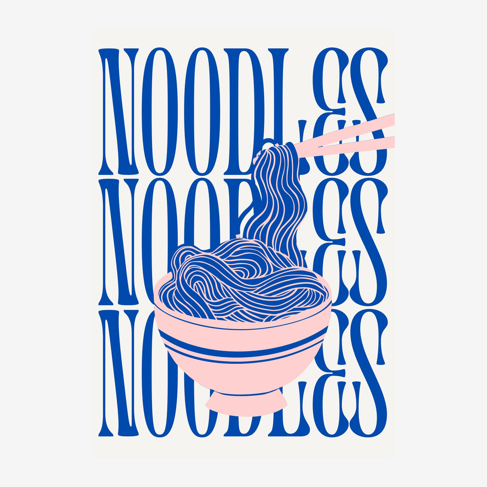 Illustration pop art montrant un bol de nouilles en bleu et rose, entouré du mot « noodles » répété en grandes lettres bleu.