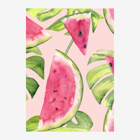 Illustration de tranches de pastèque rose avec pépins noirs et feuilles vert citron sur fond rose pâle