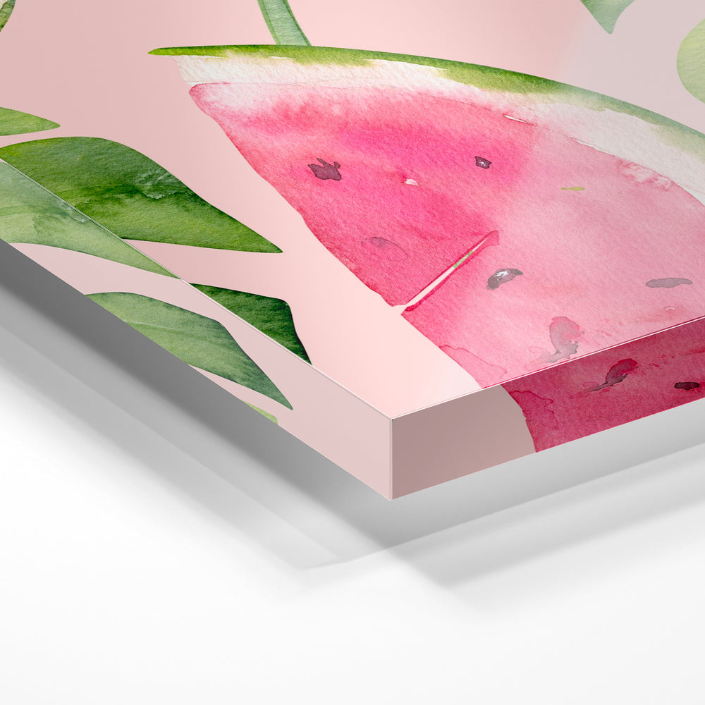 Gros plan de la matière : le tirage sous verre acrylique, tranche transparente visible.