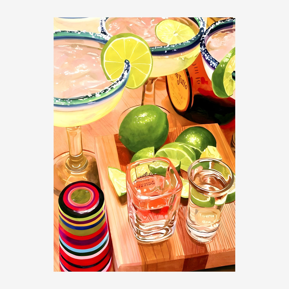 Composition de margaritas avec verres décorés de limes et citrons, fruits frais et vaisselle colorée sur fond de bois.