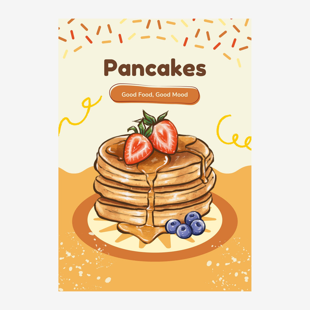 Affiche illustrant une pile de pancakes dorés garnis de fraises rouges et myrtilles bleues, avec le texte « Pancakes Good.