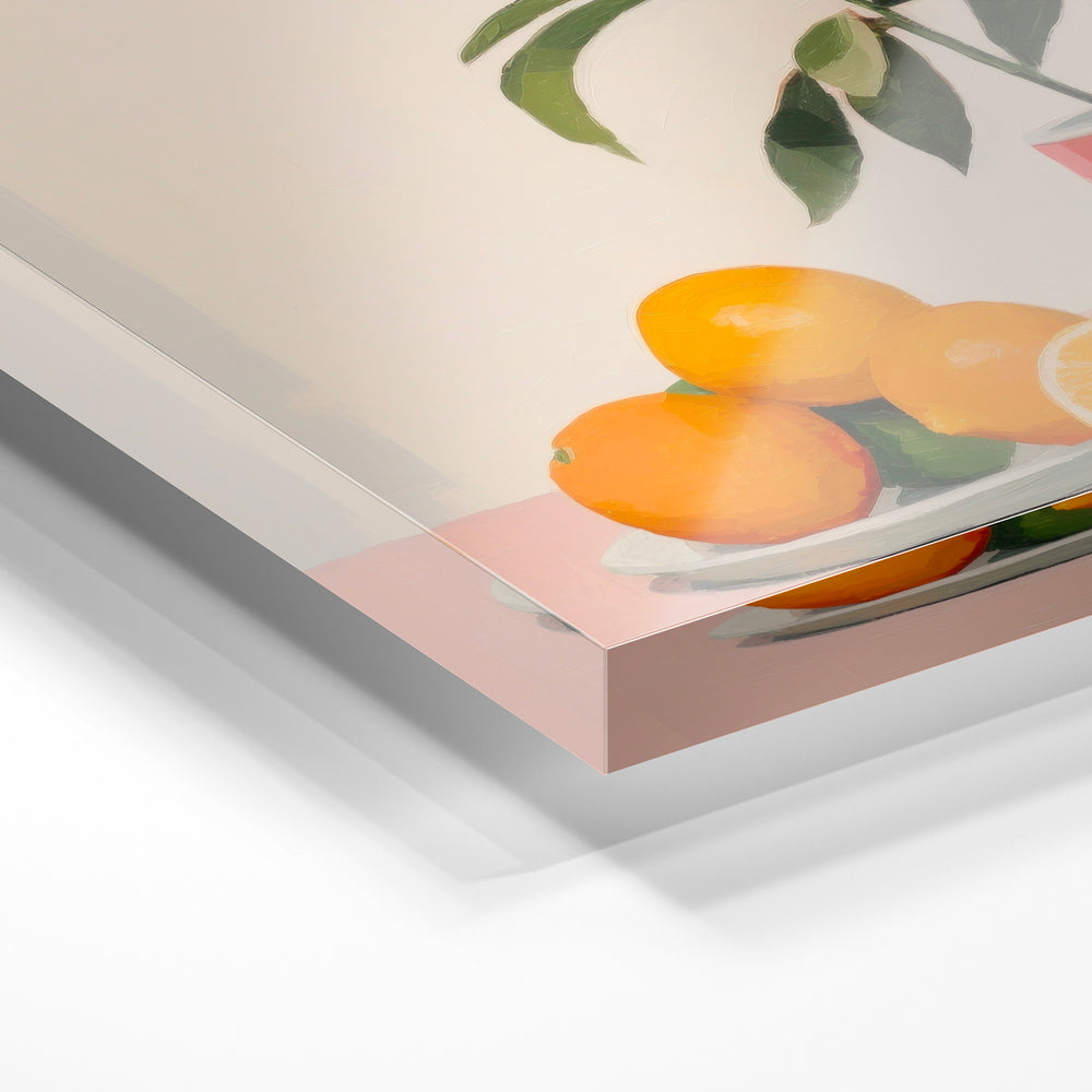 Gros plan de la matière : le tirage sous verre acrylique, tranche transparente visible.