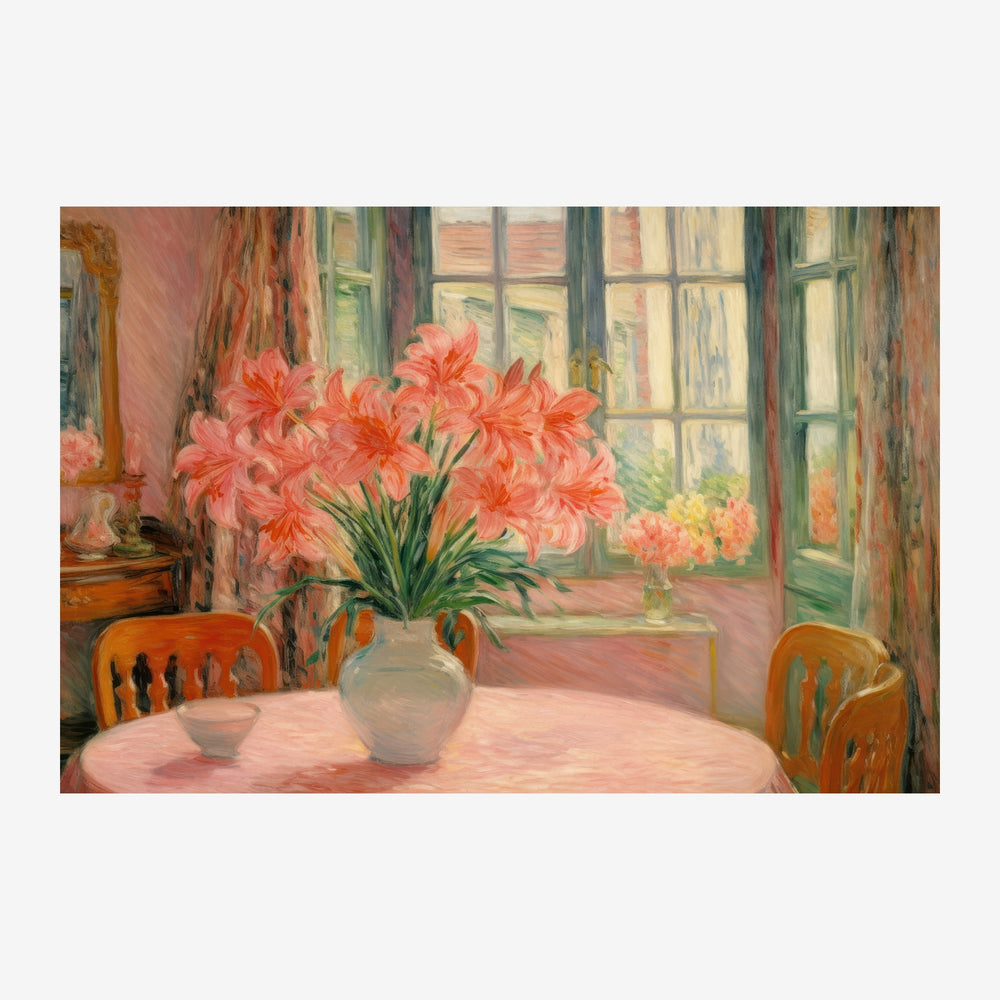 Intérieur ensoleillé avec un vase de fleurs roses sur une table ronde, fenêtre verte ouverte en arrière-plan, deux chaises.