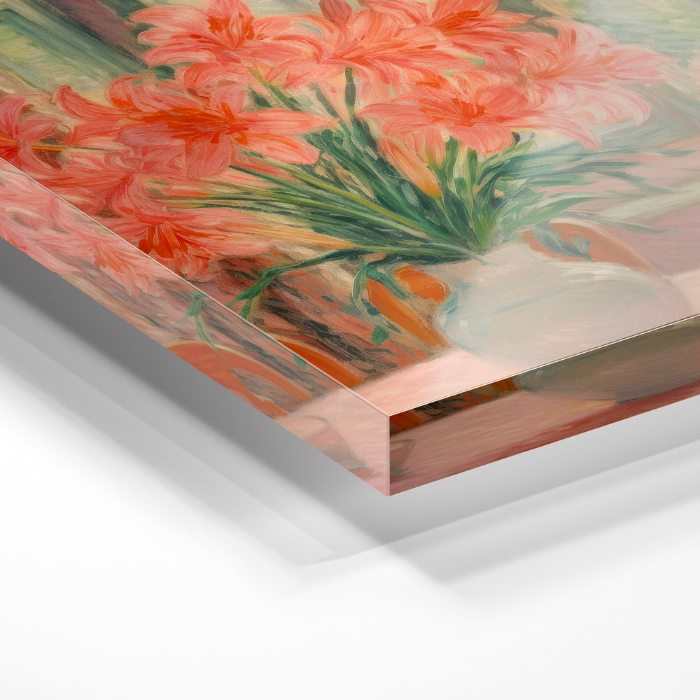 Gros plan de la matière : le tirage sous verre acrylique, tranche transparente visible.